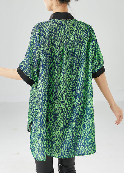 Green Peter Pan Collar Patchwork Print Side Open Chiffon Top Summer
