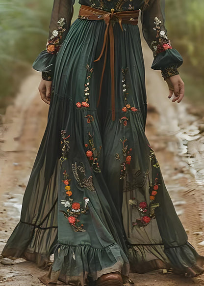 Green Peter Pan Collar Print Wrinkled Chiffon Long Dresses Spring