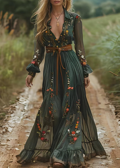 Green Peter Pan Collar Print Wrinkled Chiffon Long Dresses Spring