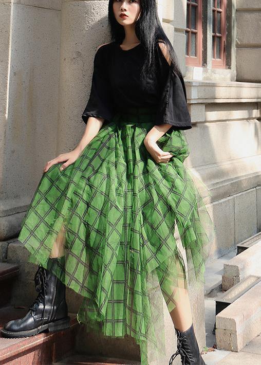 Green Plaid Tulle Asymmetrical Design Skirt Summer