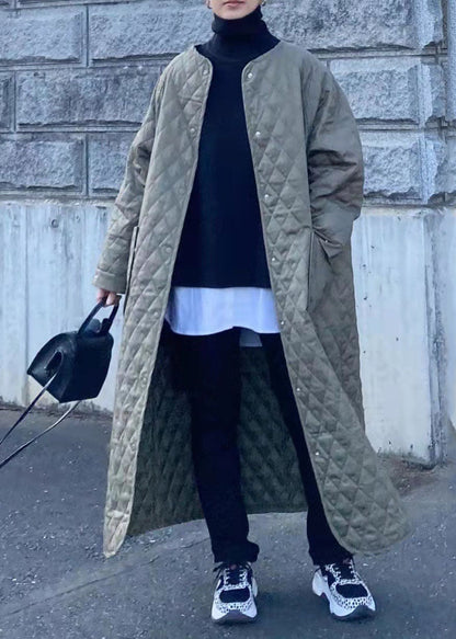 Green Pockets Plaid Patchwork Thick Cotton Filled Long Parka Winter