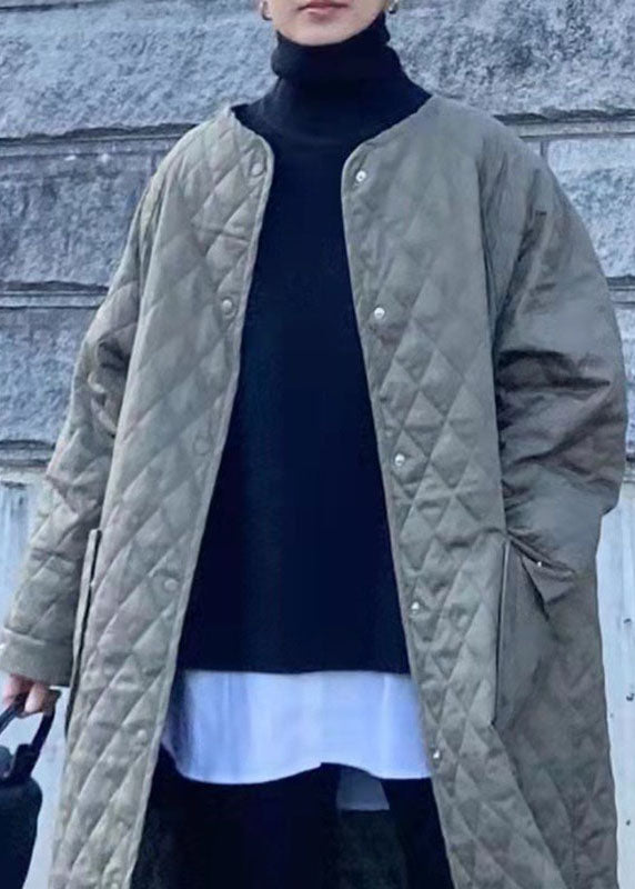 Green Pockets Plaid Patchwork Thick Cotton Filled Long Parka Winter