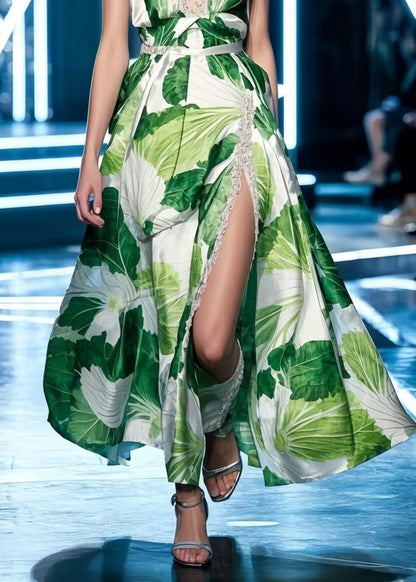 Green Print Side Open Silk Spaghetti Strap Dress Summer
