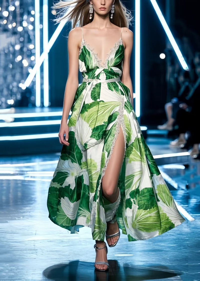 Green Print Side Open Silk Spaghetti Strap Dress Summer