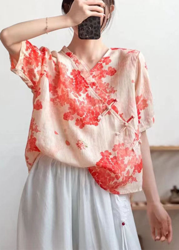 Green Ruffled Button Print Patchwork Linen Top Summer