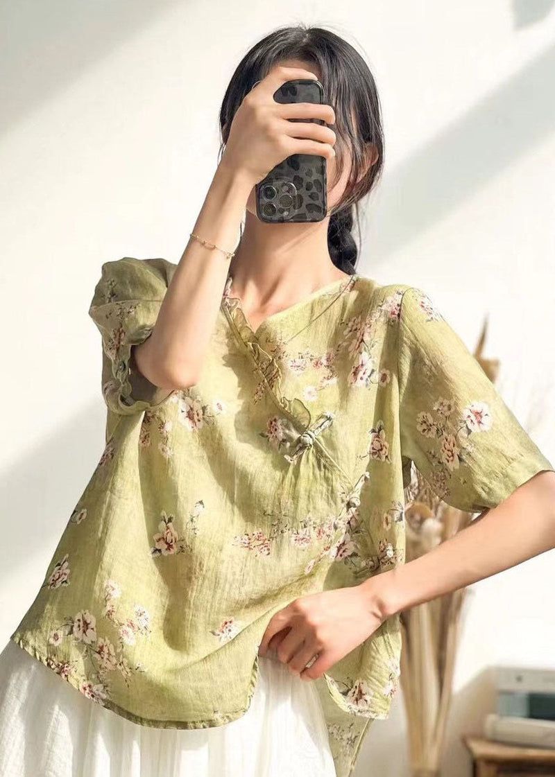 Green Ruffled Button Print Patchwork Linen Top Summer