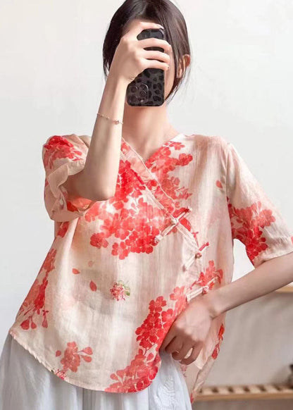 Green Ruffled Button Print Patchwork Linen Top Summer