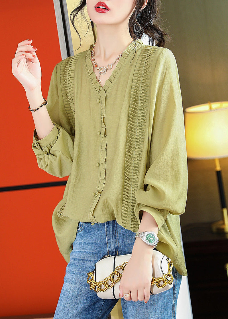 Green Ruffled Patchwork Button Chiffo Shirts Long Sleeve
