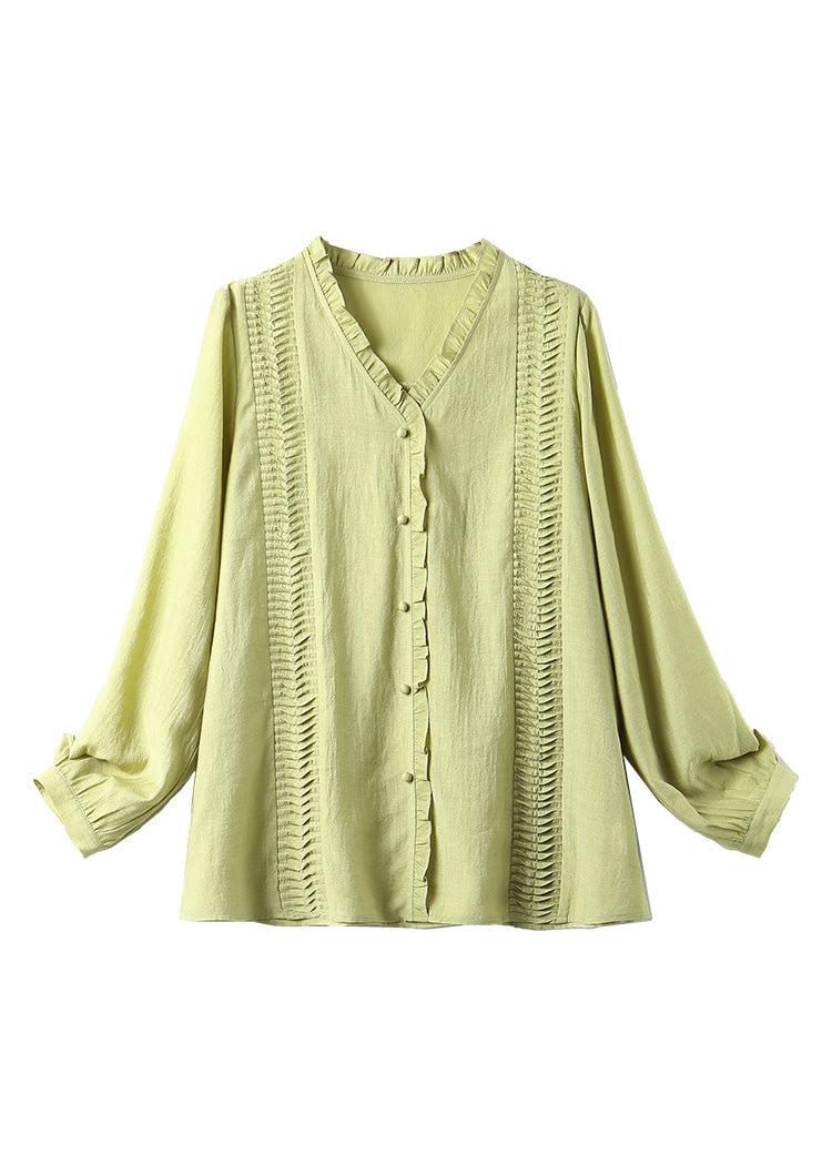 Green Ruffled Patchwork Button Chiffo Shirts Long Sleeve