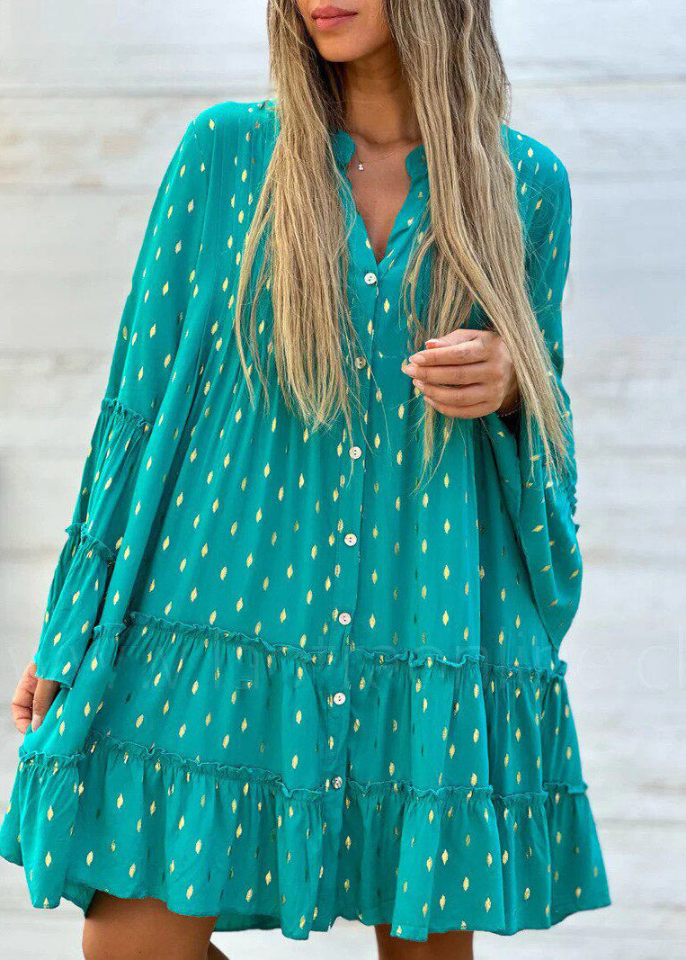 Green Ruffled Patchwork Mid Dress Flare Sleeve