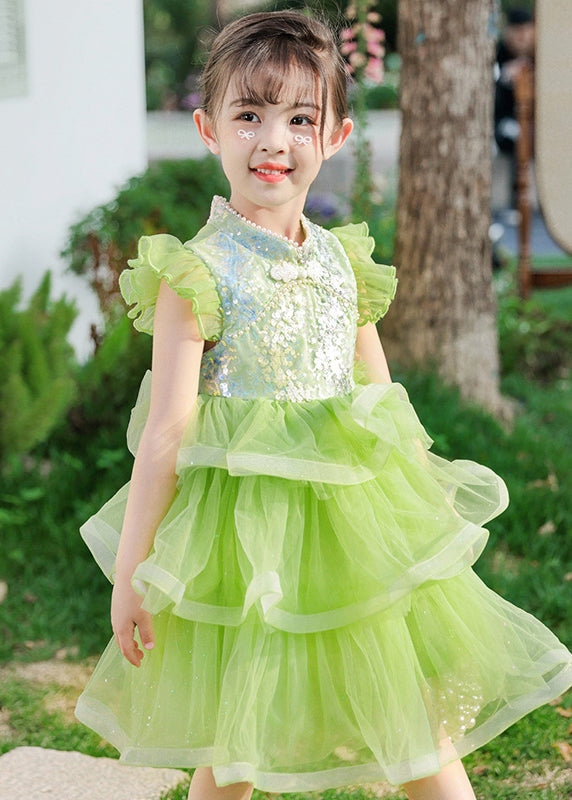 Green Sequins Chinese Button Tulle Kids Dresses Butterfly Sleeve