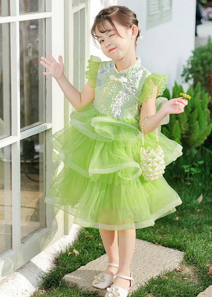 Green Sequins Chinese Button Tulle Kids Dresses Butterfly Sleeve