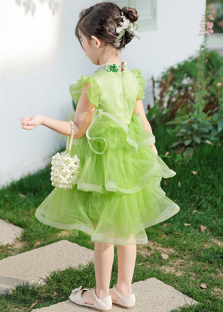 Green Sequins Chinese Button Tulle Kids Dresses Butterfly Sleeve