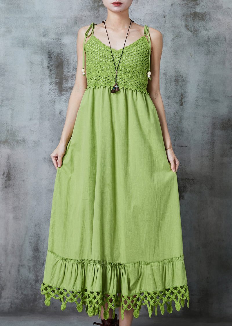Green Silm Fit Patchwork Cotton Spaghetti Strap Dress Summer