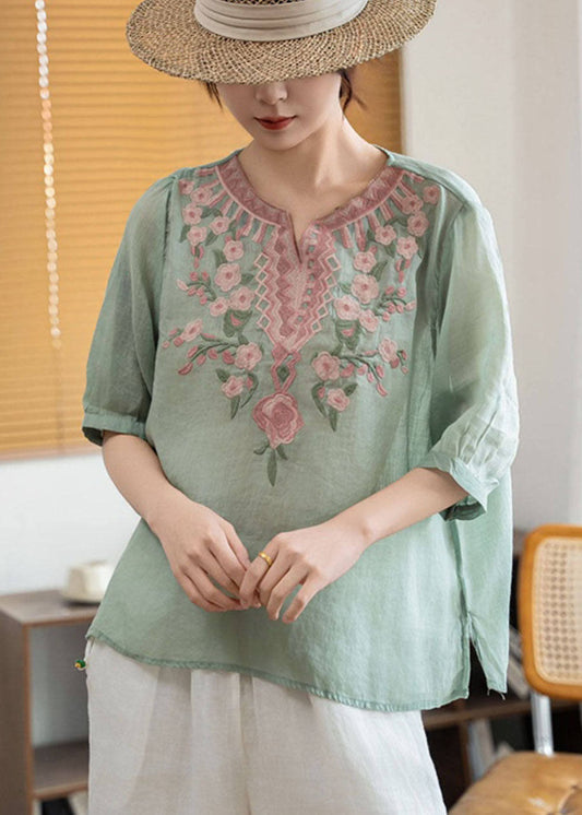 Green Stand Collar Embroidered Linen Blouses Summer