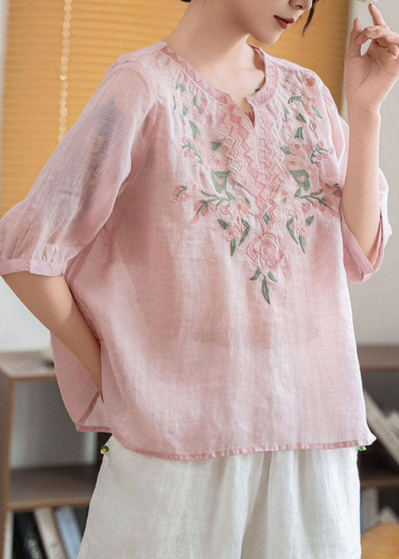 Green Stand Collar Embroidered Linen Blouses Summer