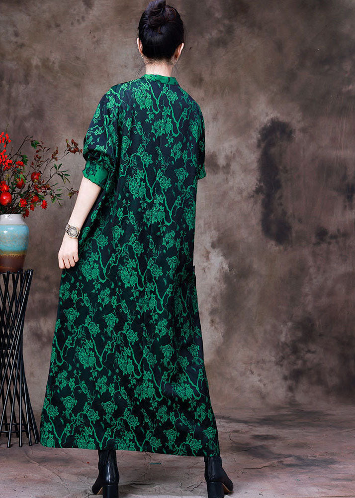Green Stand Collar Jacquard Patchwork Silk Long Dress Long Sleeve