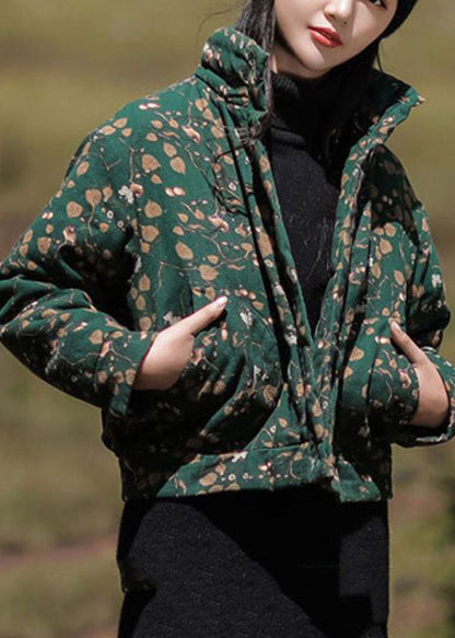 Green Stand Collar Print Fine Cotton Filled Parka Winter