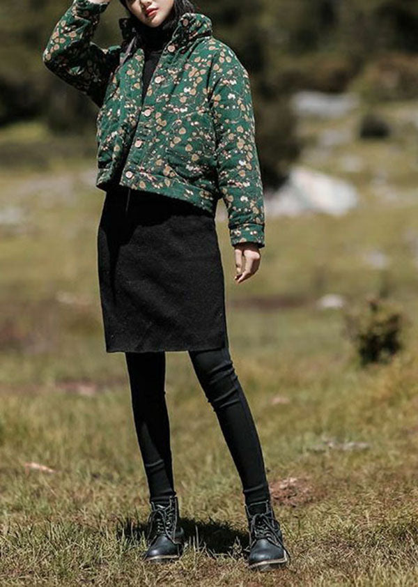 Green Stand Collar Print Fine Cotton Filled Parka Winter