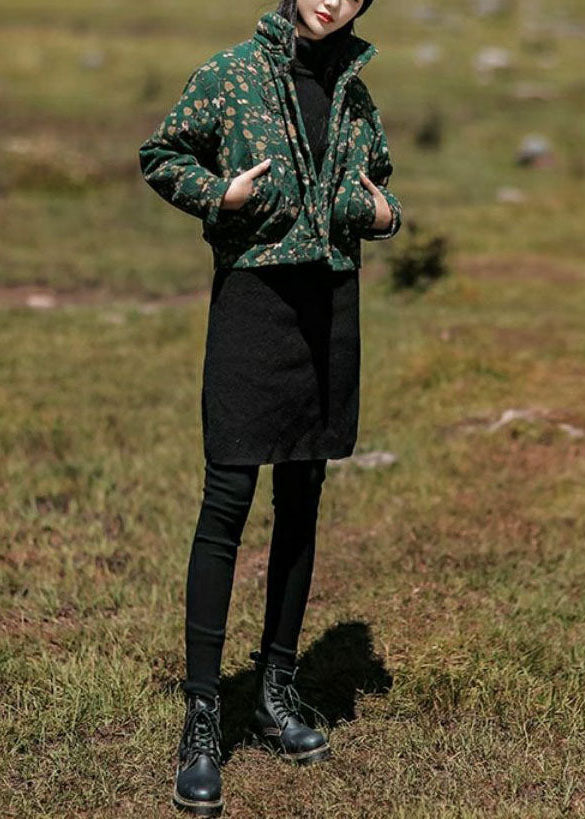 Green Stand Collar Print Fine Cotton Filled Parka Winter