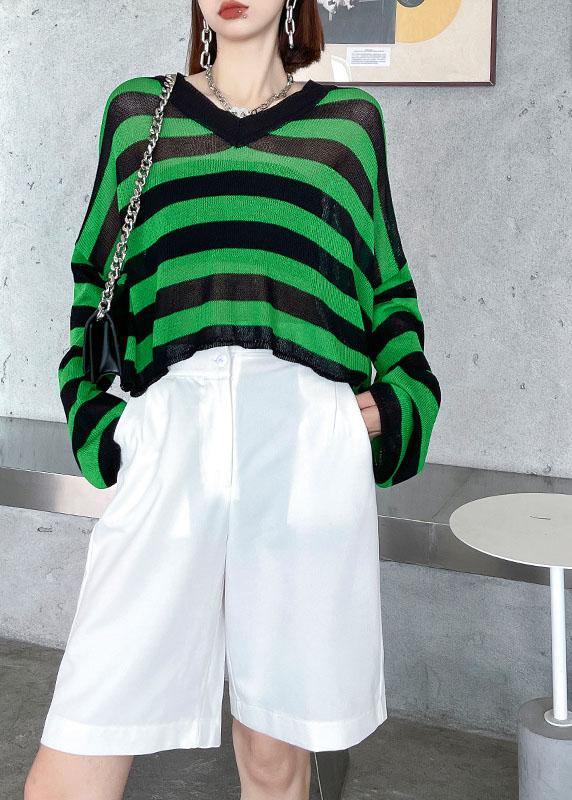 Boho Green Striped V NeckKnit fabric Shirt Summer