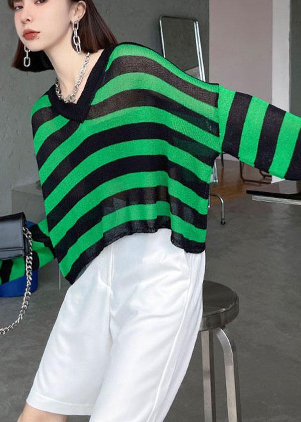 Boho Green Striped V NeckKnit fabric Shirt Summer