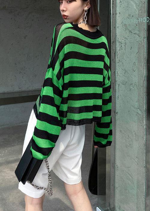 Boho Green Striped V NeckKnit fabric Shirt Summer