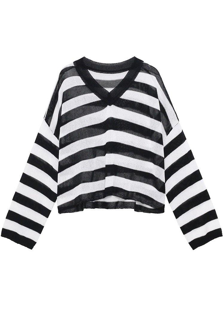 Boho Green Striped V NeckKnit fabric Shirt Summer
