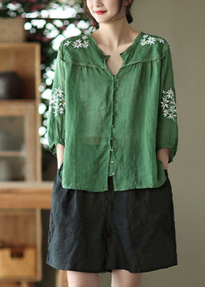 Green V Neck Embroideried Linen Top Bracelet Sleeve