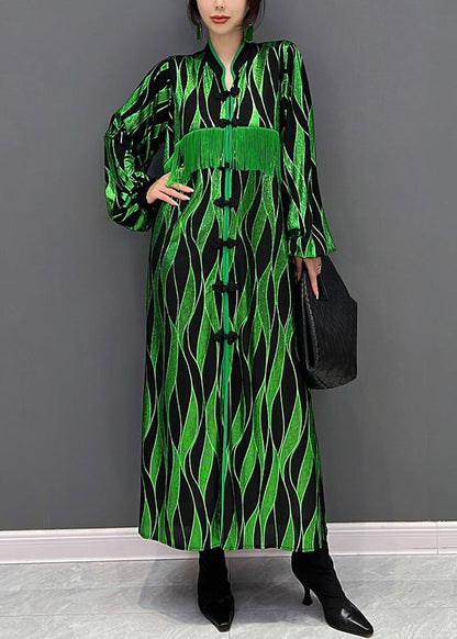 Green V Neck Patchwork Tassel Button Velour Maxi Dresses Fall
