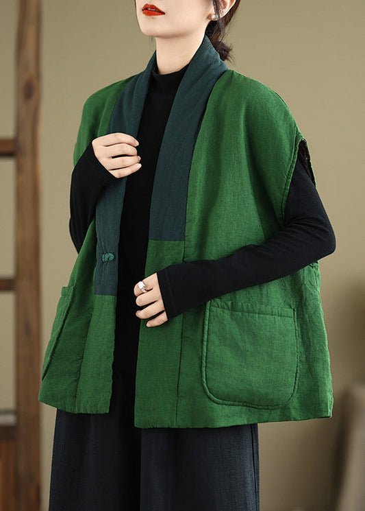 Green V Neck Pockets Patchwork Fine Cotton Filled Vest Winter