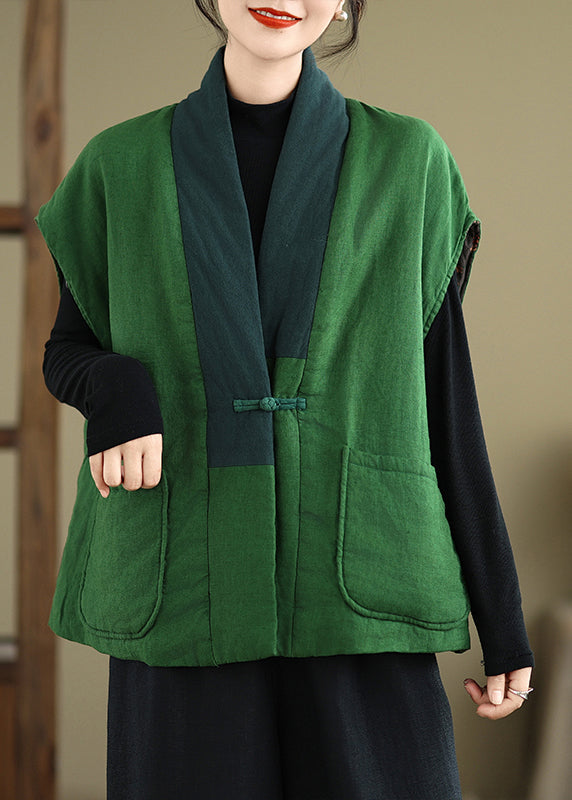 Green V Neck Pockets Patchwork Fine Cotton Filled Vest Winter
