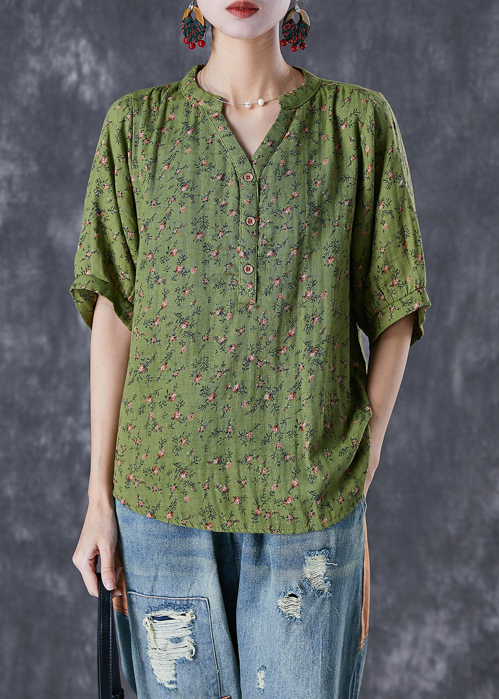 Green V Neck Print Cotton Top Summer