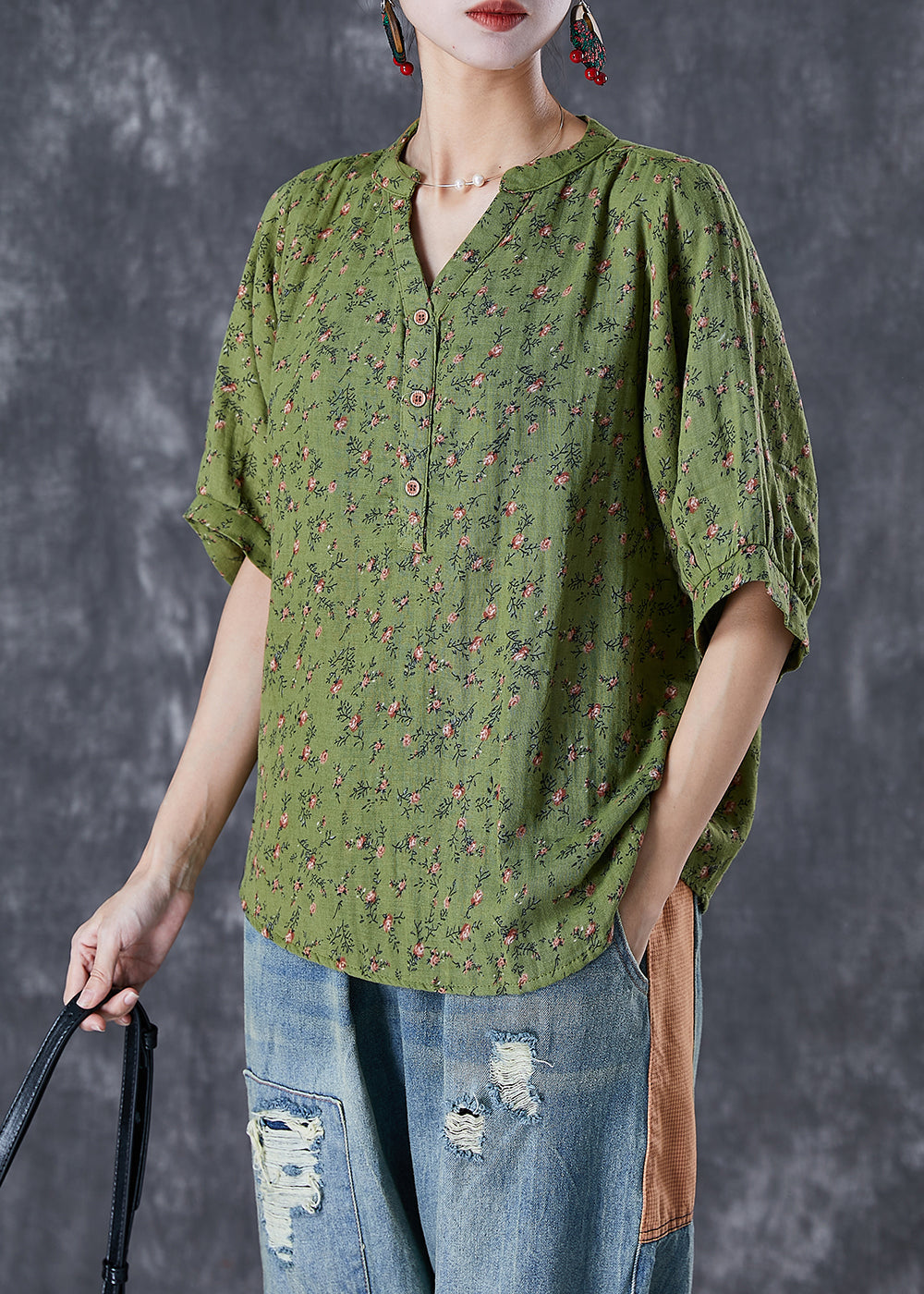 Green V Neck Print Cotton Top Summer
