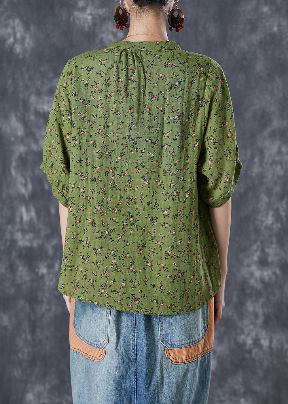 Green V Neck Print Cotton Top Summer