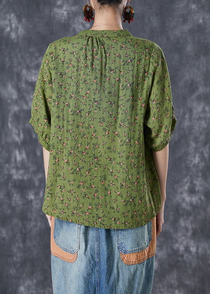 Green V Neck Print Cotton Top Summer