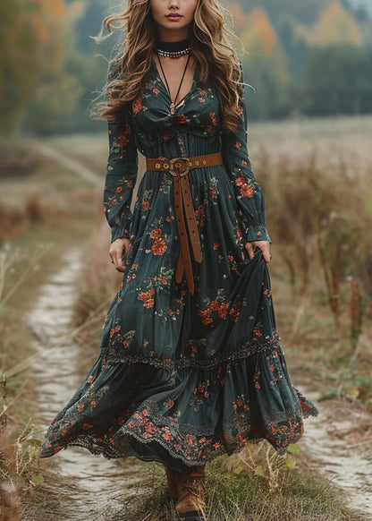 Green V Neck Print Patchwork Cotton Maxi Dresses Spring