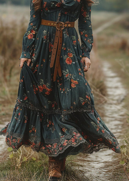 Green V Neck Print Patchwork Cotton Maxi Dresses Spring
