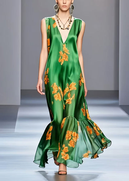 Green V Neck Print Silk Long Dresses Sleeveless