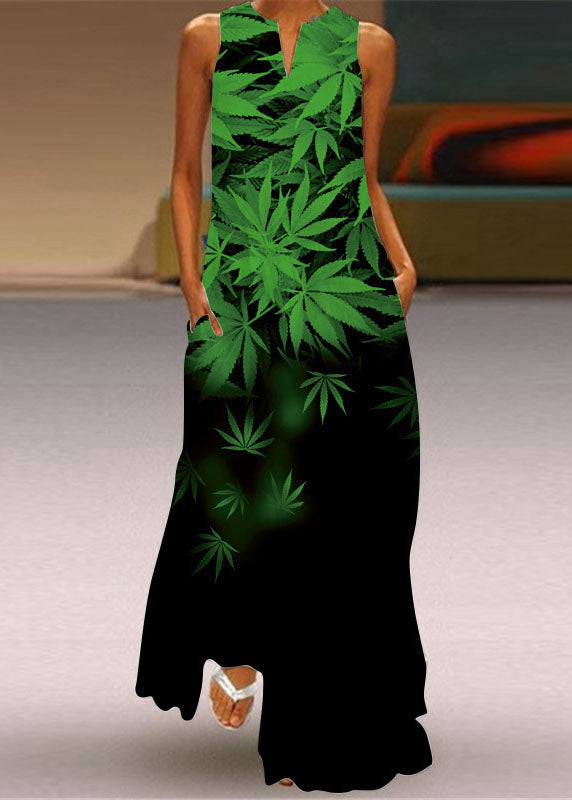 Green V Neck Rose Print Chiffon Maxi Dress Summer