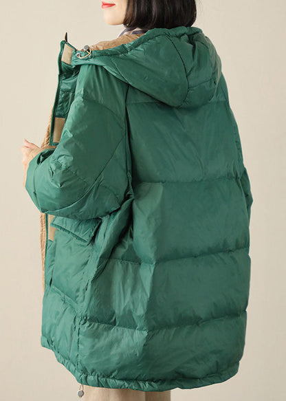 Green Zippered Graphic Loose Winter Duck Down Puffer