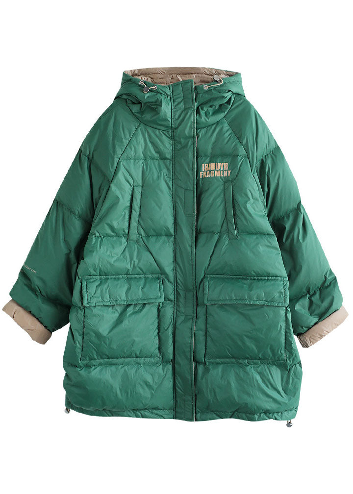 Green Zippered Graphic Loose Winter Duck Down Puffer
