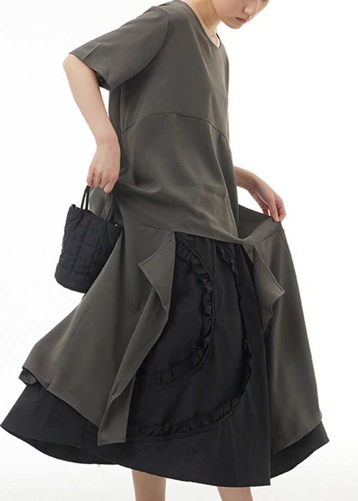 Grey Asymmetrical Design Cotton Long Tops Summer