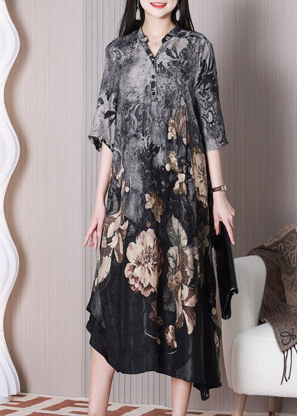 Grey Asymmetrical Design Print Silk Dresses Half Sleeve
