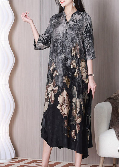 Grey Asymmetrical Design Print Silk Dresses Half Sleeve