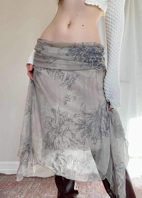 Grey Asymmetrical Print Patchwork Chiffon Skirt Summer