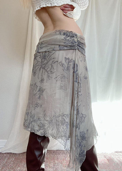 Grey Asymmetrical Print Patchwork Chiffon Skirt Summer