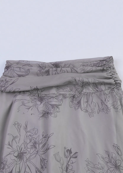 Grey Asymmetrical Print Patchwork Chiffon Skirt Summer