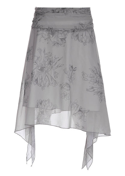 Grey Asymmetrical Print Patchwork Chiffon Skirt Summer