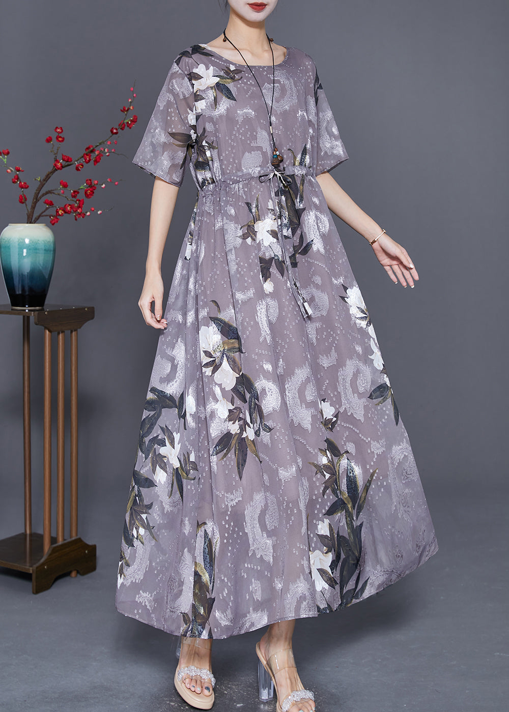 Grey Cinched Print Chiffon Long Dresses Summer
